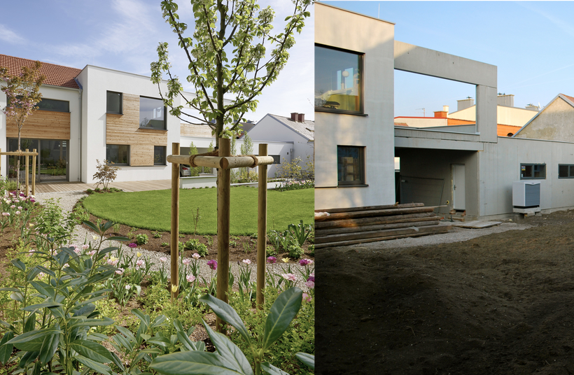 Beim Nachherbild sieht man wunderschön die Verwandlung von einer Erdfläche und Baustelle in einen wunderschönen Garten