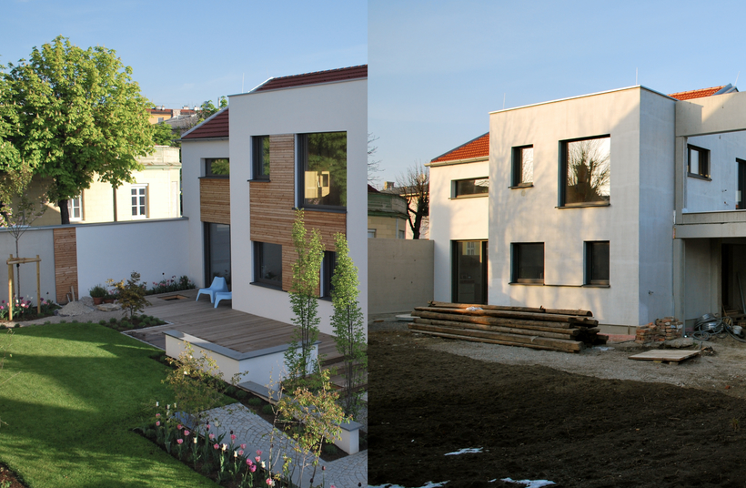 Blick von der anderen Seite aufs Haus - die Verwandlung von der Baustelle zum Garten mit Holzdeck ist vollzogen.